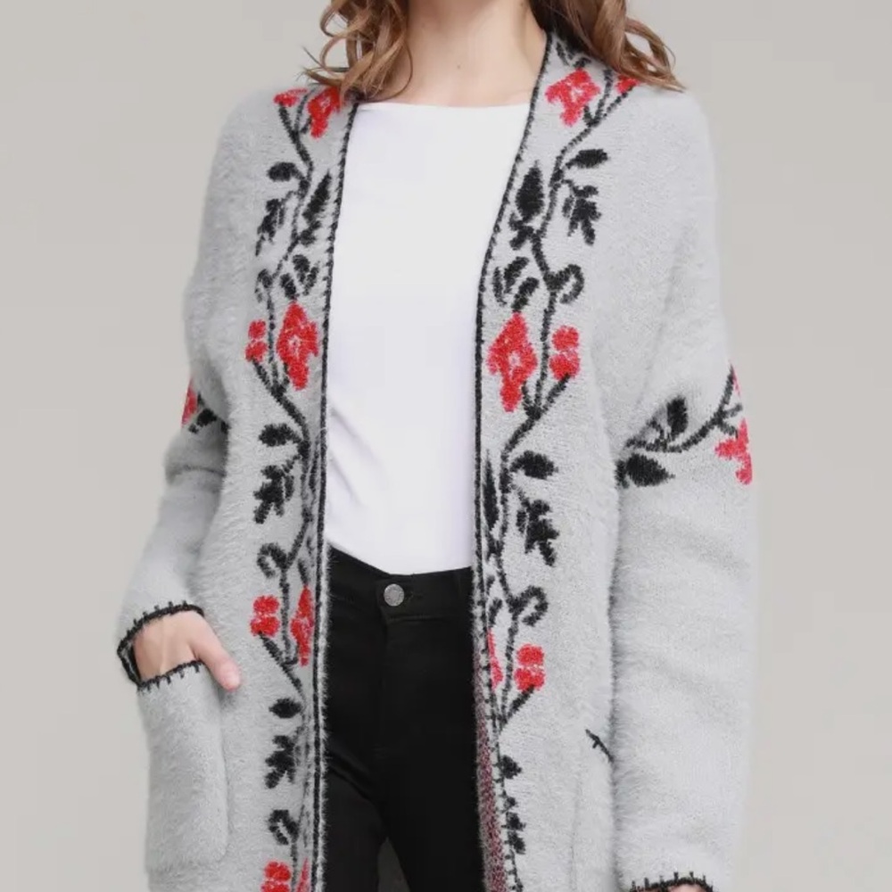 Gray Cardigan with Elegant Floral Feature